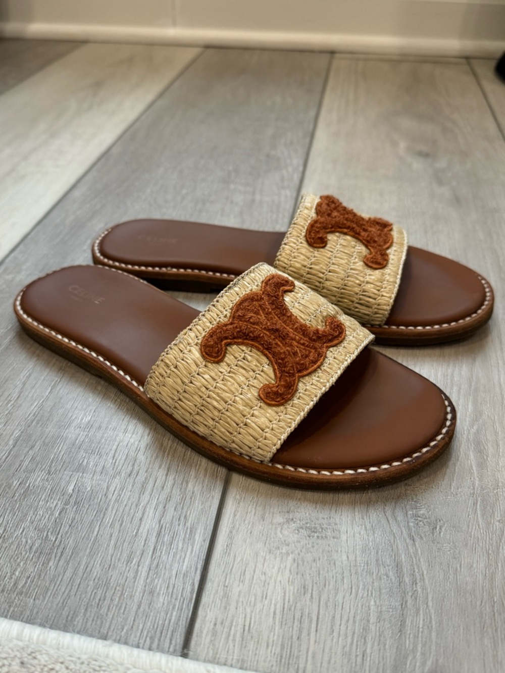 Woven Straw Slide Sandals with Brown Leather Footbed